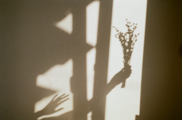 L'ombre portée sur un mur d'une main offrant un bouquet de fleurs